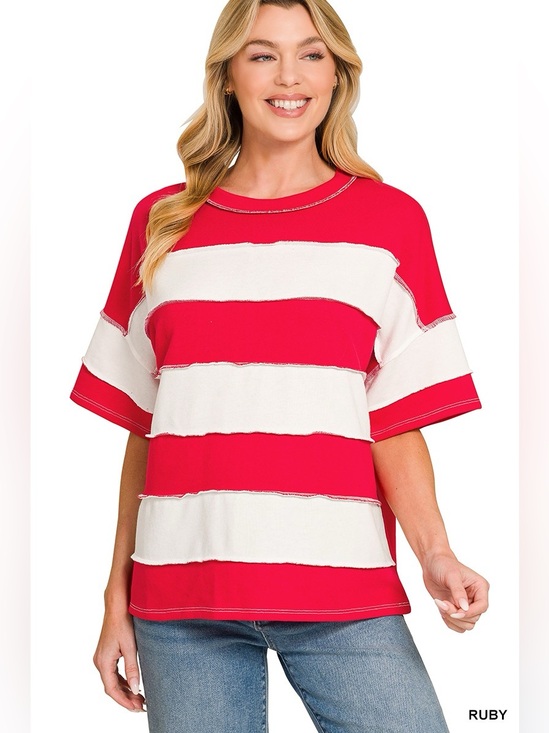 Zenana Outfitters Tops - Zenana French Terry Striped Exposed Seam Top